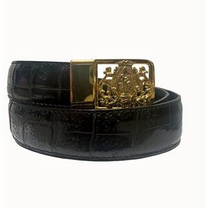 Conte San Giorgio Vero Cocco Ligator Black Leather Belt Gold Crest Buckle 51.5”